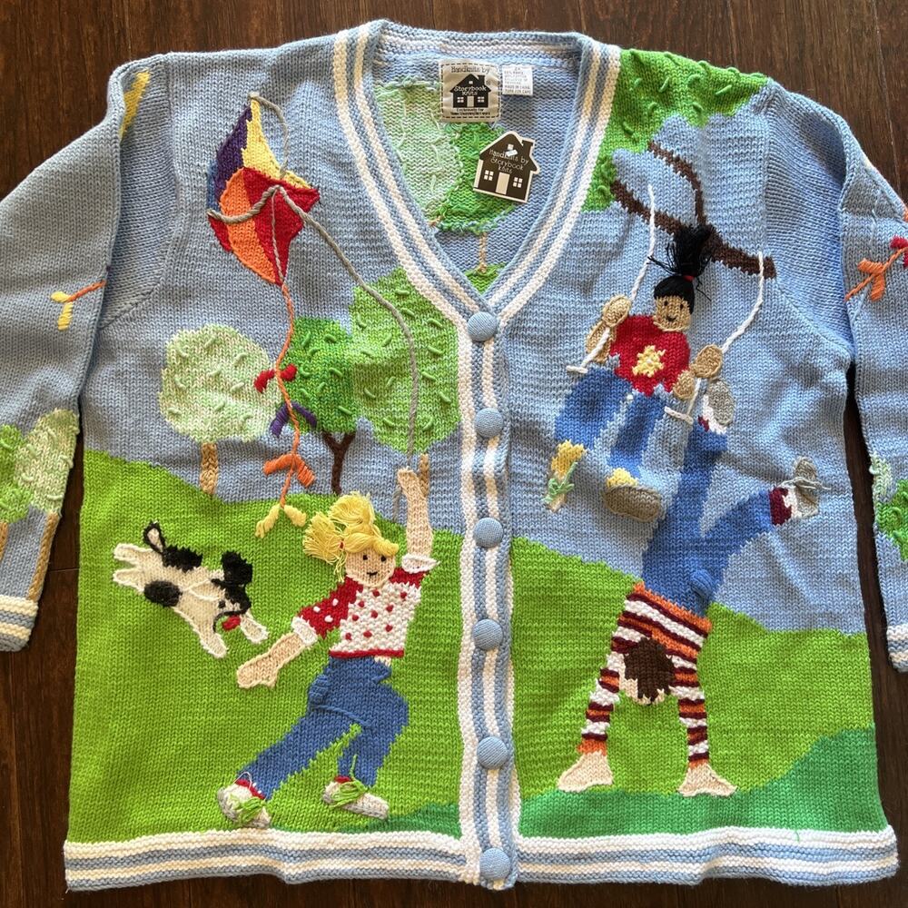 NEW VTG STORYBOOK KNITS kids children playing park cardigan sweater 2X Teacher